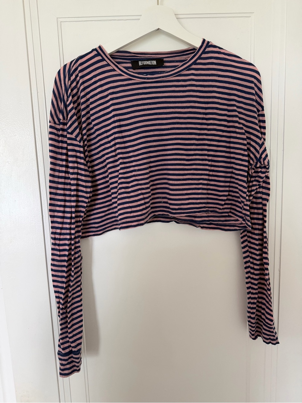 Reformation Pink and Navy Striped Long-Sleeve Cropped Tee